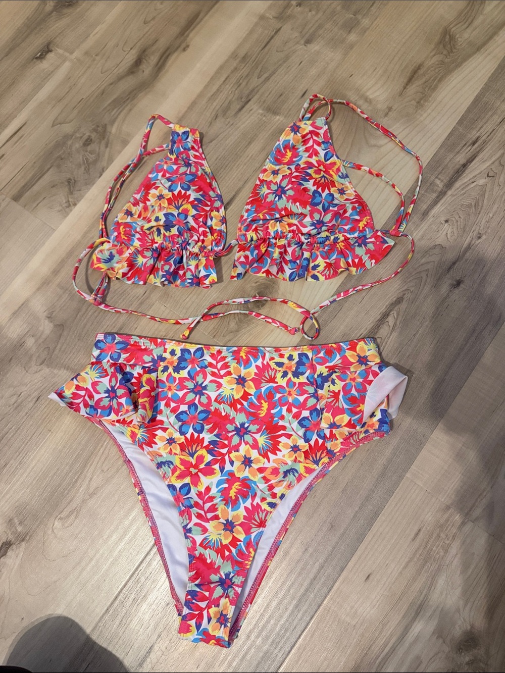 size large padded bikini set, multicolored floral pattern
